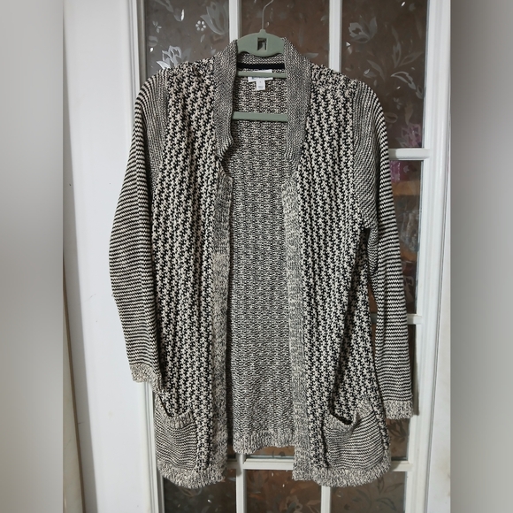 Market & Spruce  Striped Cardigan Sweater Large Black & white Salt pepper Open K - Picture 1 of 12